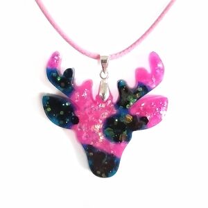 Pink And Black 'Camo' resin deer pendant on pink cord necklace 18" new